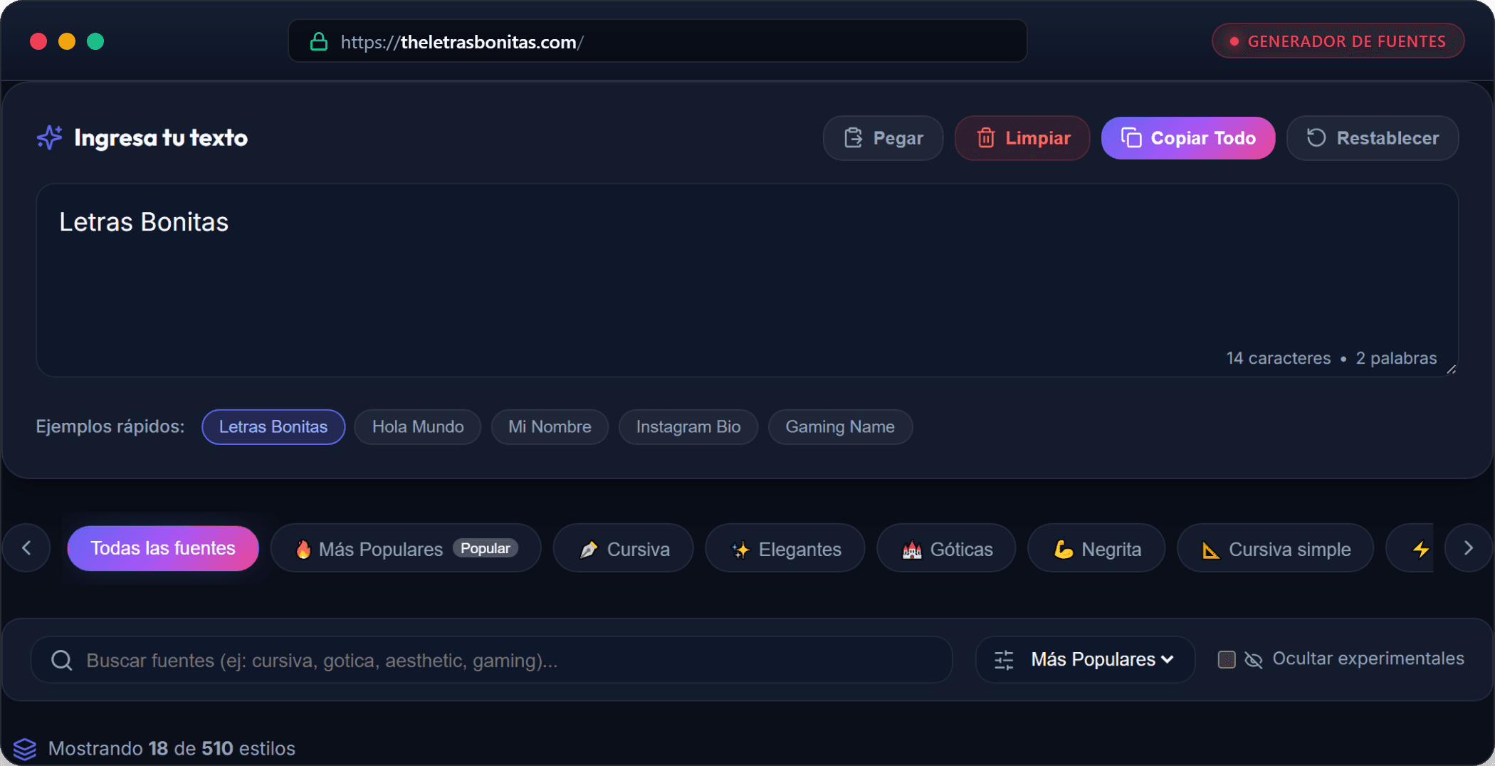 Captura real de la herramienta generadora de letras bonitas en theletrasbonitas.com mostrando entrada de texto y filtros de estilos